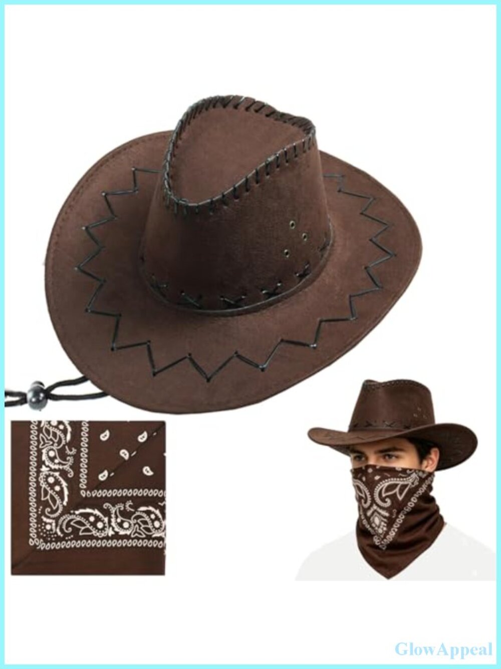 Faux Suede Western Cowboy Hat Wide Brim with Chin Strap & Bandana
